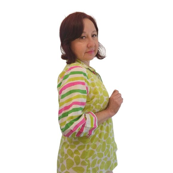 GRETCHEN SCOTT Boyfriend Shirt Art To Wear Stripes Leaves M Cotton Dopaminecore - Picture 2 of 15